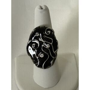 Lovely Silver Tone Adjustable Enamel / Rhinestone Ring